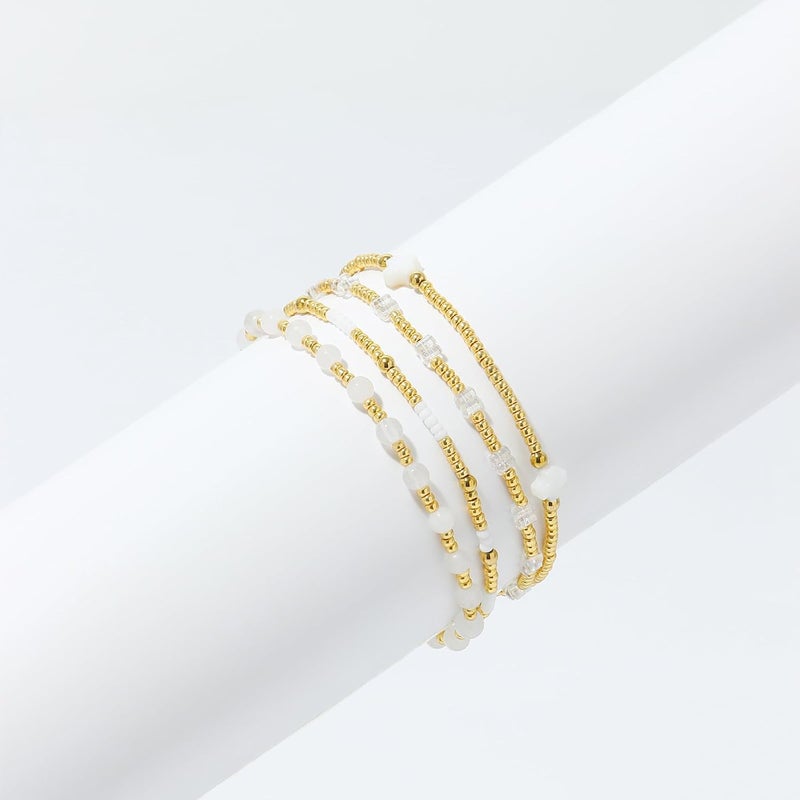 Pymach Store Dainty Gold Plated Pearl Crystal Beaded Bracelets Set for Women 14K Gold Plated Bead Pearl Beads Bracelet Stackable Paperclip Link Chain Bracelets Gold Plated Bracelets for Women Trendy Jewelry - Image 2